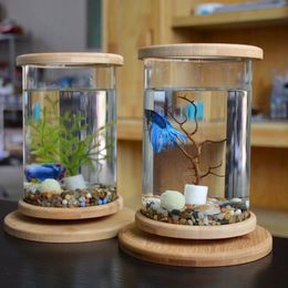 1pcs Glass Betta Fish Tank Bamboo Base Mini Fish Tank Decoration Accessories Rotate Decoration Fish Bowl Aquarium Accessories Y200208b