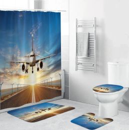 Curtains Dawn Blue Sky Plane Take Off Printed Bathroom Waterproof Shower Curtain Rug Lid Carpet Toilet Cover Set Bath Curtain Mat Set