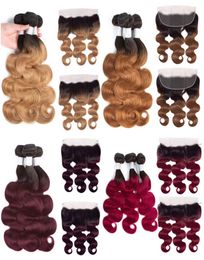 Ombre Bundles With Frontal Closure Peruvian Virgin Body Wave Two Tone Dark Roots Human Hair Weave Honey Blonde Brown Wine Red Colo7950839
