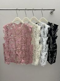 Women's T Shirts 2024 Fashion Sleeveless Sexy Casual Butterfly Hollow Water-soluble Lace Top 0309