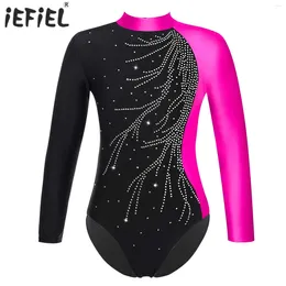 Stage Wear Kids Girls Gymnatics Ballet Dance Costume Dancewear Long Sleeve Shiny Faux Diamonds Adorned Leotard Figure Ice Skating Jumpsuit