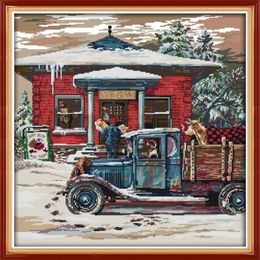 Christmas Post Office painting home decor paintings Handmade Cross Stitch Embroidery Needlework sets counted print on canvas DMC 310s