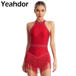 Stage Wear Women's Tassel Latin Dance Leotard Dress V-neck Rhinestone Rumba Salsa Cha-cha Lyrical Costume Performance Dancewear