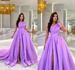 Elegant Purple Plus Size A Line Prom Dresses Long for Black Women One Shoulder Draped Pleats Draped Sweep Train High Side Split Birthday Evening Party Pageant Gowns