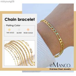 Bangle eManco Figaro Link Chain Bracelet Female Stainless Steel Gold Colour Charm Bracelets Chain Bracelets for Women Man Jewellery GiftsL2403