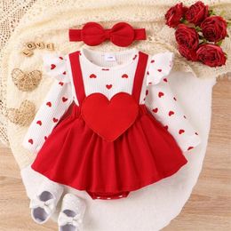 Rompers Baby Girls Valentine's Day Romper Dress Long Sleeve Ruffle Heart Letter Print With Headband