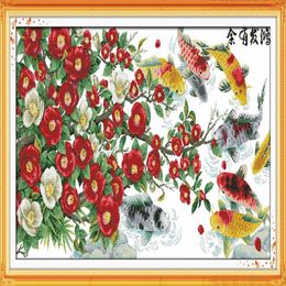 Flowers and fishes Handmade Cross Stitch Craft Tools Embroidery Needlework sets counted print on canvas DMC 14CT 11CT Home decor p314O