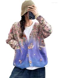 Women's Knits QPFJQD Ladies Print Loose V Neck Luxury Cardigans Women Casual Oversized Floral Knitwear 2024 Winter Fashion Warm Sweaters