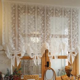 Curtains French Aesthetic Retro Bows Lace Short Tulle Curtains White Fine Woven Flower Jacquard Sheer Half Coffee Curtain Door Drapes