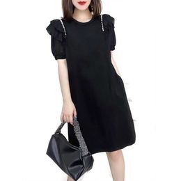 Round Necked Diamond Studded Bubble Sleeved Black Dress for Women's European Station 2024 Summer New Design Sense Temperament Casual Dress