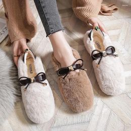 Casual Shoes Bowtie Flat Woman Cosy Plush Winter Moccasins Female Leahter Patchwork Furry Loafers Warm Flats Big Size 43