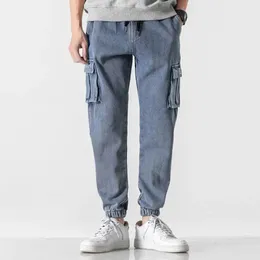 Pantaloni da uomo Denim Jeans maschili alla moda stile coreano con lacci tinta unita multi tasche carico alla caviglia