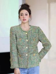 Women's Hoodies 2024 Autumn Advanced Feel Loose Light Green Tweed Small Fragrant Coat Versatile Short Top