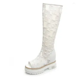Boots 10cm Women Summer Platform Knee High Wedge Heel Hollow Canvas Peep Toe Ankle Shoes Botas