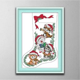 Kitten Christmas Stocking Handmade Cross Stitch Craft Tools Embroidery Needlework sets counted print on canvas DMC 14CT 11CT Home 241n