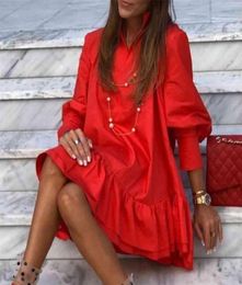 Women Autumn Spring Vintage Mini Cupcake Dress V Neck Long Lantern Sleeve Back With Ruffles Korean Style Elegant Red Dress 2108261368423