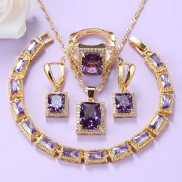 Strands Mexican Jewellery Sets GoldColor Romantic Wedding Bridal Accessories Purple Crystal NecklaceAnd Earrings Bracelet Sets