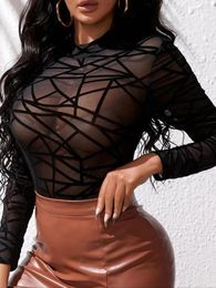 Women's T Shirts Women S Mesh Tops Long Sleeve Mock Neck Lace See Through Slim Fit Sexy Sheer Blouse Shirt Clubwear