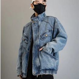 Denim coat mens spring and autumn loose design sense of standing collar cargo jacket 240311