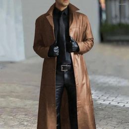 Men's Trench Coats Faux Leather Long Coat Stylish With Turn-down Collar Windproof Design Slim Fit Streetwear For Men