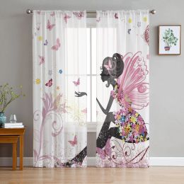 Curtains Cartoon Butterfly Fairy Girl Pink White Tulle Curtains for Living Room Bedroom Decor Chiffon Sheer Voile Kitchen Window Curtain