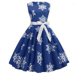 Christmas Snowflake Print Sleeveless Vintage Dresses Women Midi Skater Dress With Sash5672126