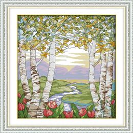 Birches in the summer scenery decor paintings Handmade Cross Stitch Embroidery Needlework sets counted print on canvas DMC 14CT 278e