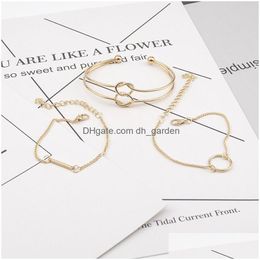 Bangle New 3Pcs Set Womens Fashion European Bracelet Simple Double Knot Loop Metal Chain Geometry Bohemian Jewellery Wholesale Drop Deli Dhaa3