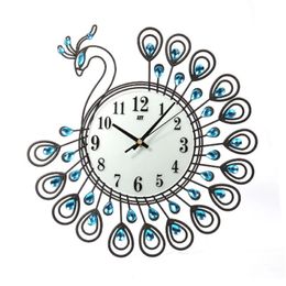 Home Decor Creative Gold Peacock Large Wall Clock Metal Living Room Wall Watch248Y