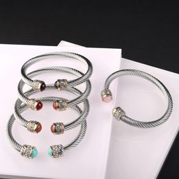 Stainless Steel Thread Opening Bracelet Natural Stone Turquoise Cable Bracelet Adjustable C-type Steel Bracelet 240313