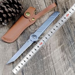 1Pcs New A5028 Mechanical Folding Knife 440C Titanium Coating Blade Stainless Steel Handle Outdoor Camping Hiking Fishing EDC Pocket Knives with Leather Sheath