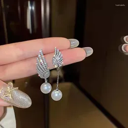 Dangle Earrings Fashion Silver Color Angel's Wing Drop Crystal Zircon Asymmetry Imitation Pearl For Women Jewelry