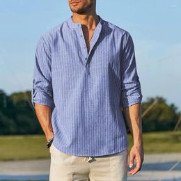 Men's Casual Shirts Men Striped Print Shirt Stylish With Stand Collar Cufflink Detail Spring Fall Top For Comfort Style