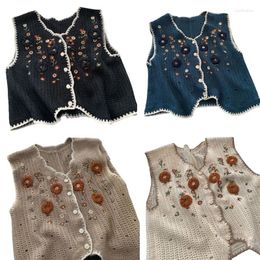 Bras Sets Women Spring Crochet Knitted Vest Waistcoat Embroidery Floral Leaves V-Neck Button Down Sleeveless Cardigan For Jacket Sweater