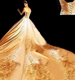 New 2019 Quality Custom Ivory Satin Gold Embroidered Halter ALine Wedding Dresses With Royal Train 2020 Bridal Wedding8059357