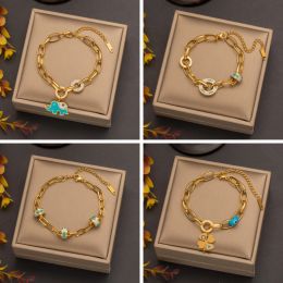 14k Yellow Gold Elephant Rhinestone Circle Thick Chain Bracelet For Women Fashion Girl Luxury Bangle Party Wrist Jewelry Gift