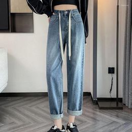 Women's Jeans Four Season Women Harlan Dad Pants Blue Colour Drawstring Female Denim High Waist Loose Straight Daily Brand Trousers Lady