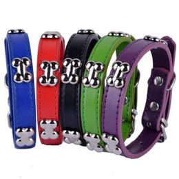 Pu Leather Dog Collar Bone Shaped Studded Collars For Small Dogs Puppy Pet Supplies Red Black Purple Colours Size S M L230F