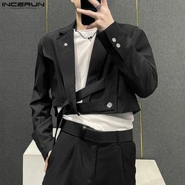 INCERUN Tops Korean Style Mens Blazer Adjustable Diagonal Buckle Suit Deconstructed Design Truncated Solid Suit S-5XL 240311