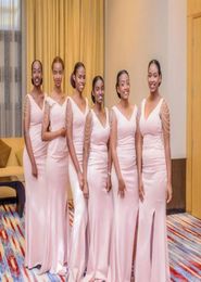 African Arabic Light Pink Mermaid Long Bridesmaid Dresses V Neck Satin Side Split Wedding Guest Party Gowns with Tassel34010859837804