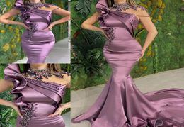 Fabulous Mermaid Beaded Prom Dresses High Neck Plus Size Crystals Evening Gowns Sweep Train Satin Formal Dress7746481