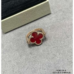 Vintage Cluster Rings Van Brand Designer Copper with 18k Gold Plated Red Four Leaf Clover Charm Ring for Women Box Party Gift U321