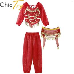 Stage Wear Kids Girls Belly Dance Costumes Sequins Long Sleeve Crop Top With Chiffon Pants Tassels Waist Chain Hip Scarf Performance