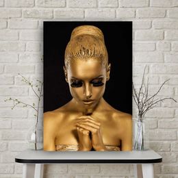 African Golden Woman Poster Wall Art Canvas Painting Abstract Portrait Picture HD Print For Living Room Home Decoration Cuadros282A