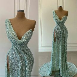 Gorgeous Sequined Prom Dresses African One Shoulder Beaded Split Evening Dress Formal Occasion Party Gowns