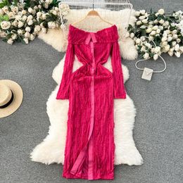 Casual Dresses Long Dress For Women Exposed Shoulders Single Breasted Button Vestidos Split Solid Colour Spring Folds A-line Dropship