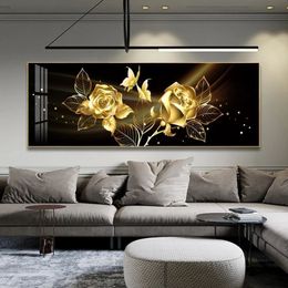 Black Golden Rose Flower Butterfly Abstract Wall Art Canvas Painting Poster Print Horizonta Picture for Living bedRoom Decor2294
