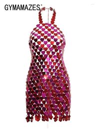 Casual Dresses GYMAMAZES Colorblock Patchwork Sequins Sexy Dress For Women Halter Sleeveless Hollow Out Chic Mini Female Fashion