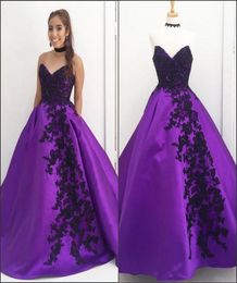 Purple Satin Formal Evening Dresses Sweetheart Black Lace Appliques Zipper Back Elegant Prom Dresses Sleeveless Women Par7352408
