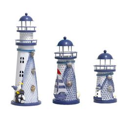 Mediterranean Style LED Lighthouse Iron Figurine Nostalgic Ornaments Ocean Anchor for Home Desk Room Wedding Decoration Crafts274D